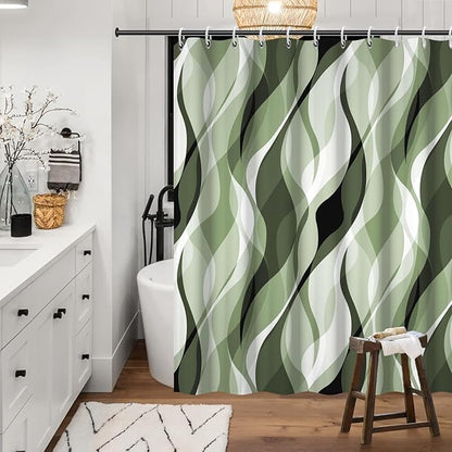 Sage Green Shower Curtain, Abstract Ombre Green and Grey Striped Shower Curtain Set for Bathroom Waterproof Polyester Shower Curtain with Hooks, 72x84 Inch