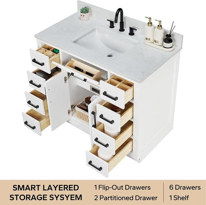 42-inch White Bathroom Vanity with Sink, Solid Wood, 0.79-inch Stone Countertop and Backsplash, 9 Drawers, 2 Soft Closing Doors