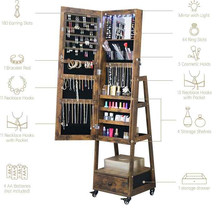 Mirror Jewelry Cabinet with wheels 62 Inch Full Length Mirror with Standing Jewelry Armoire Organizer, Lockable Jewelry Storage Cabinet With Drawer