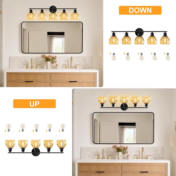 Bathroom Light Fixtures, 5-Light Brushed Black Vanity Lights for Bathroom with Amber Tulip Glass Shade, 30" Vintage Bathroom Vanity Lighting Fixtures Over Mirror for Bedroom Living Room Hallway