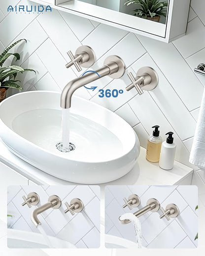 Airuida Solid Brass Brushed Nickel Wall Mount Bathroom Faucet | 360° Swivel Spout,Rough in Valve,2 Cross Handle,3 Hole,Widespread