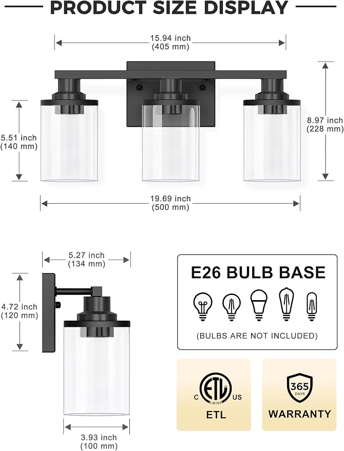 L LOHAS LED 3-Light Black Bathroom Light Fixtures,Modern Bathroom Lighting Fixtures Over Mirror with Clear Glass Shade, Vanity Lights for Living Room, ETL Listed | Clear Glass Shades; Modern Bathroom Lighting Fixture for Living Rooms