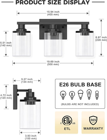 L LOHAS LED 3-Light Black Bathroom Light Fixtures,Modern Bathroom Lighting Fixtures Over Mirror with Clear Glass Shade, Vanity Lights for Living Room, ETL Listed | Clear Glass Shades; Modern Bathroom Lighting Fixture for Living Rooms