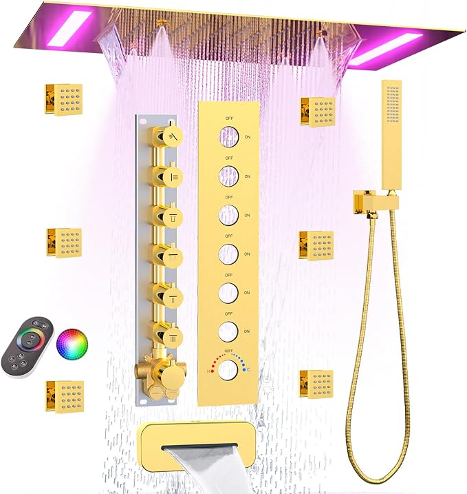 HOMEDEC LED Thermostatic Shower System with 6 Body Jets, 14x20" Shower Head | 3 Spray Modes: Rainfall, Mist and Waterfall; Up/Down Shower Spout; Handheld Shower; 6-Way Solid Brass Valve; Gold Finish