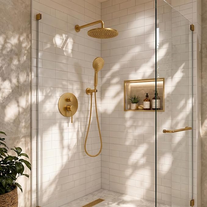 Hoimpro Brushed Gold Rain Shower Head Shower Faucet System Fixture Set | 10 Inch Round Rain Shower Head with Handheld Combo 2 in 1 Sprayer Shower Valve with Trim Kit Wall Mounted Rainfall Showerhead