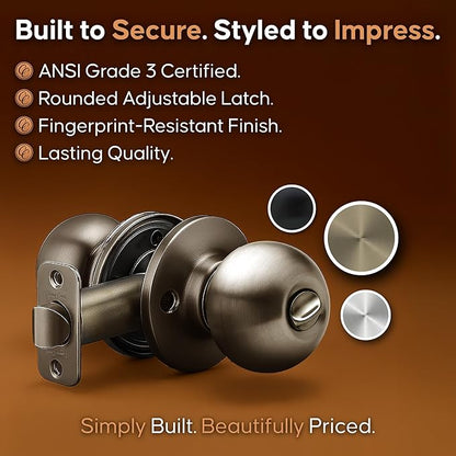 Copper Creek BK2030AB Ball Door Knob, Privacy Function, 1 Pack, in Antique Brass