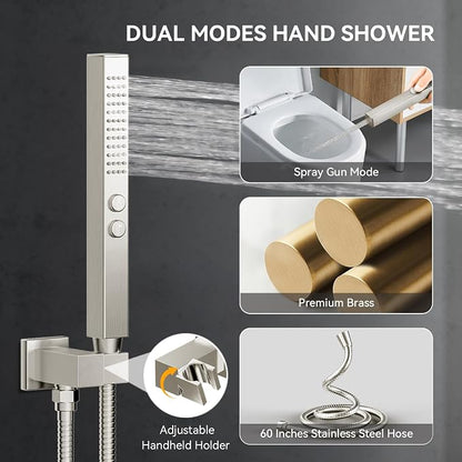 Shower System with Body Jets, Bostingner Four Modes Shower Faucet Sets with Handheld Spray 2 Ways, 4Pcs Shower Body Jets in Wall,10"+6" Rain Shower Head,Brushed Nickel Shower Sets Complete