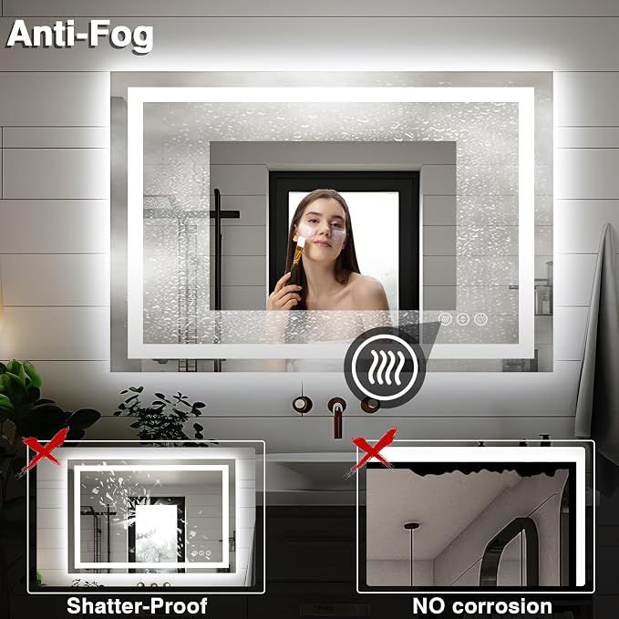 EchosLife 44"x30" Bathroom Light up Mirror, Double Bright Lights, Anti-Fog Vanity Mirror with Lights, Stepless Dimmable Illuminated Mirror, Touch Control, Waterproof (Horizontal/Vertical)