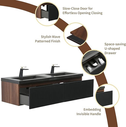 60'' Floating Bathroom Vanity with Sink Combo, Modern Wall-Mounted Striped Bathroom Storage Cabinet with Soft-Close Drawers and Double Quartz Sand Basins, No Assembly Required
