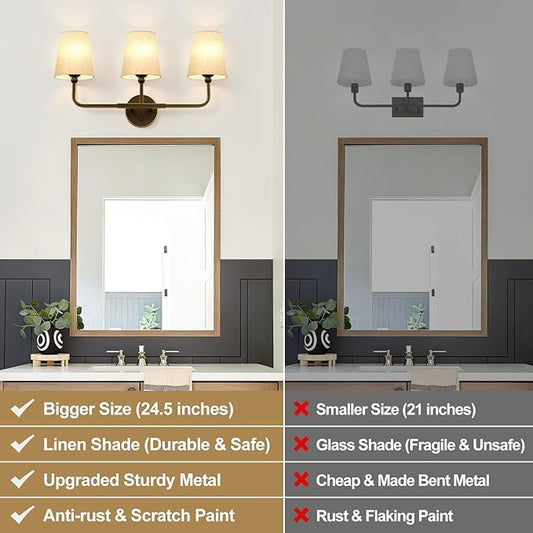 Bathroom Light Fixtures, 3-Light Oil-Rubbed Bronze Vanity Lights, Bathroom Lighting Fixtures Over Mirror with Flared Linen Shade, Modern Wall Sconces for Living Room Hallway
