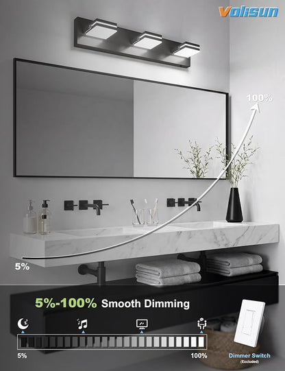 VOLISUN 3 Light Bathroom Vanity Light, 24 inch Dimmable Bathroom Light Fixtures Over Mirror, 5 Color Temperatures, 180°Rotatable Head, Black LED Vanity Lights for Bathrooms-ETL Certificated