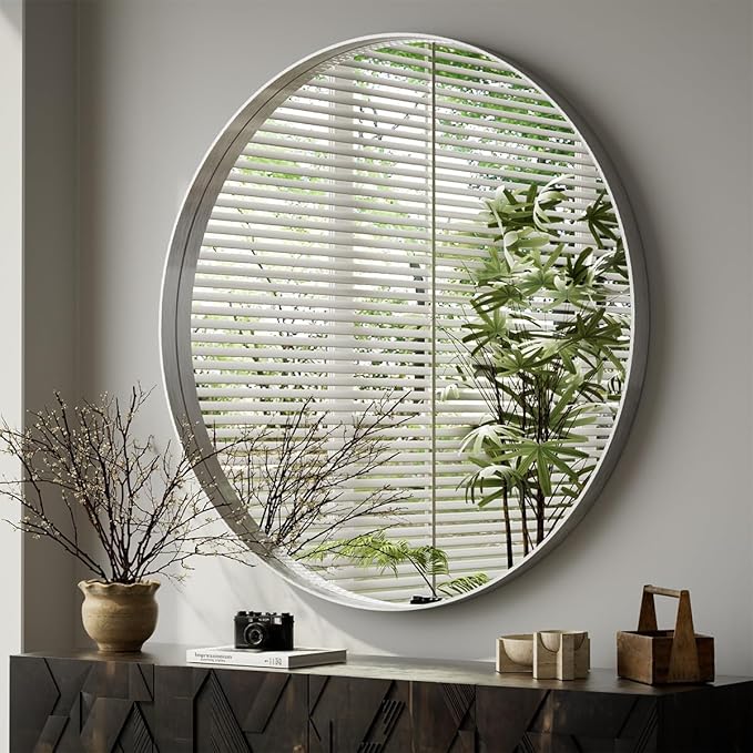 VooBang 48 inch Round Bathroom Mirror, Large Silver Modern Circle Wall Mounted Mirror with Gorgeous Circular Deep Frame for Bathroom, Living Room, Bedroom
