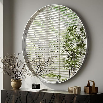 VooBang 48 inch Round Bathroom Mirror, Large Silver Modern Circle Wall Mounted Mirror with Gorgeous Circular Deep Frame for Bathroom, Living Room, Bedroom