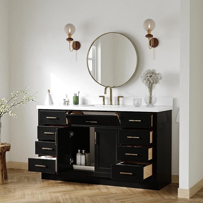 ARIEL Hepburn 60-inch Bathroom Vanity with Sink,Solid Wood, 1.5-inch Pure White Quartz Countertop & Backsplash, Single Rectangular Porcelain Sink, 2 Soft Closing Doors, 9 Dovetail Drawers, Black