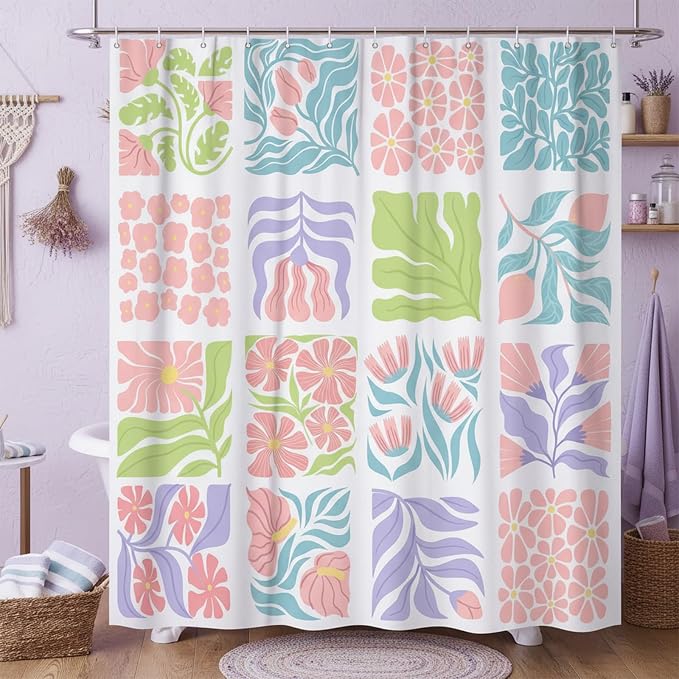 JAWO Blue Cute Boho Floral Shower Curtain, Colorful Abstract Floral Retro Aesthetic Shower Curtain for Bathroom, Funky Unique Waterproof Fabric Polyester Bath Curtains Decor with Hooks,36WX72H