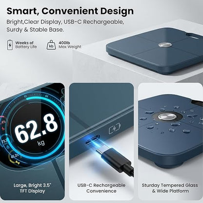 Premium Smart Digital Body Weight Scale - 8 Electrodes – 56+Metrics -Rechargeable- WiFi & Bluetooth - Full Body Analysis -Track Body Fat, Muscle Mass, Fat Percentage, Sleek Design