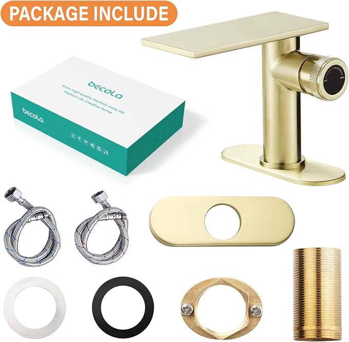 becola Modern Brushed Gold Bathroom Faucet，Waterfall Faucet for Bathroom Sink，Single Hole Cold and Hot Basin Mixer Tap，Single Handle Vanity Faucet with Adjust Knobs and Deck Plate