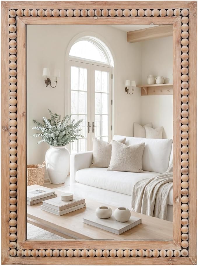 H HOMEWINS Rustic Rectangle Mirror,24x36 Wooden Farmhouse Mirrors,Boho Bathroom Wall-Mounted Nature Beads Decor Mirror for Bedroom, Living Room,Vanity,Entryway,Over Sink