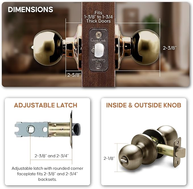 Copper Creek BK2030AB Ball Door Knob, Privacy Function, 1 Pack, in Antique Brass