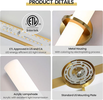 Gold Bathroom Wall Sconces Set of 2: 18 Inch Modern Sconces Wall Lighting 18W LED Dimmable Wall Light with Acrylic Lampshade, Brushed Gold Sconces for Bedroom Living Room Hallway (Hardwired)