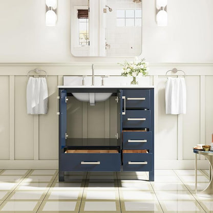 36-Inch Bathroom Vanity with Sink, 2 Soft-Close Doors and 5 Soft-Close Drawers, Bathroom Freestanding Vanity with Cultured Marble Countertop, Navy Blue Vanity with Brushed Nickel Handles