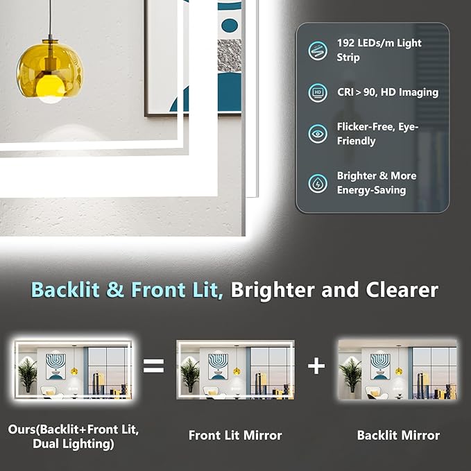 96x36 LED Bathroom Mirror with Lights, Backlit and Front Lit Anti-Fog Lighted Vanity Mirrors for Bathroom Wall, Dimmable, 3-Color Light, Memory, Shatter-Proof, HD Tempered Glass, CRI＞90