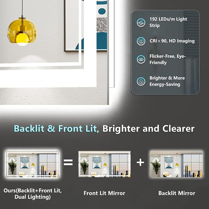 77x36 LED Bathroom Mirror, Backlit & Front Lit Lighted Mirror | Anti-Fog Vanity Mirror with Lights, 3 Color Dimmable, Memory, Shatterproof, Tempered Glass, CRI95, UL Listed, Wall Mounted