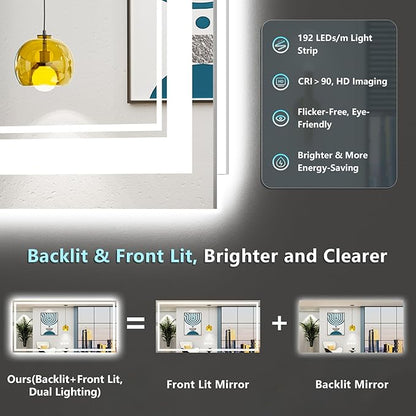84x40 LED Bathroom Mirror with Lights, Backlit and Front Lit Anti-Fog Lighted Vanity Mirrors for Bathroom Wall, Dimmable, 3-Color Light, Memory, Shatter-Proof, HD Tempered Glass, CRI＞90