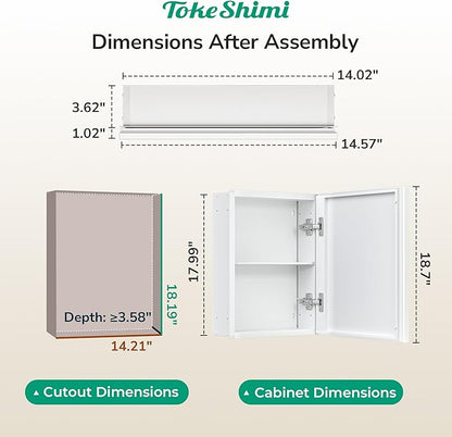 TokeShimi 14 x 18 White Recessed Medicine Cabinet with Mirror, Assembly Required, Bathroom Medicine Cabinet with Mirror, Stepless Adjustable Shelves, Beveled Aluminum Frame, DTC Hinge