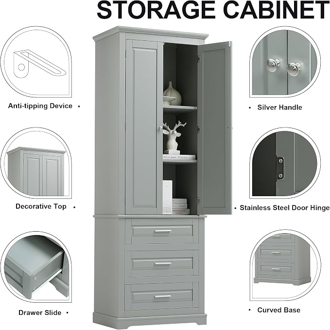 Merax 70" Pantry Cabinet with Two Doors & Three Drawer, Adjustable Shelves Storage Cupboard for Kitchen/Dining Room/Bathroom, Gray