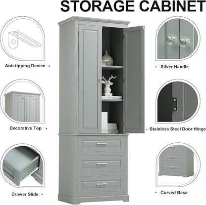 Merax 70" Pantry Cabinet with Two Doors & Three Drawer, Adjustable Shelves Storage Cupboard for Kitchen/Dining Room/Bathroom, Gray