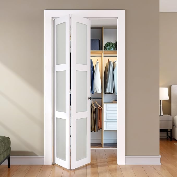SMARTSTANDARD Bifold Door for 36" x 80-3/4" Opening, Tempered Frosted Glass | Closet Folding Doors with Hardware kit Included, White, Water-Proof PVC Surface, Easy Install, Space-Saving