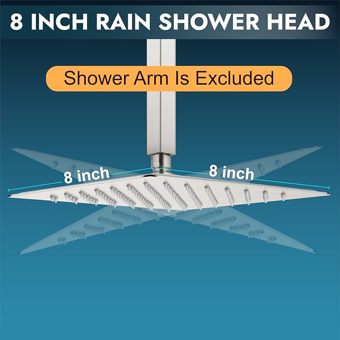 Midanya Square Rain Shower Head,High Pressure,Brushed Nickel 8 Inch | 360°Swivel,Ceiling or Wall Mount,Waterfall Full Body Coverage,Bathroom Remodel,Stainless Steel Large Rainfall Shower Head