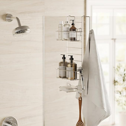 Zenna Home Shower Caddy Hanging Over the Shower Door Organizer, Stainless Steel Rack with 2 Shelves and Built in Hooks, Bathroom Organizer Shelf for Inside Shower, Stainless Steel