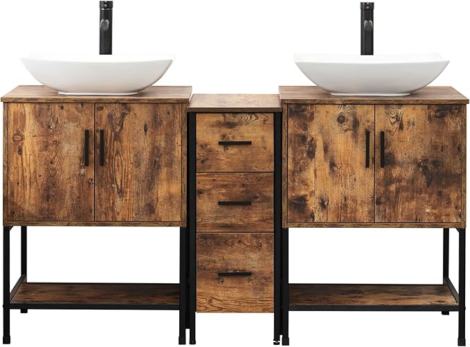 UEV Rustic Brown 60" Double Bathroom Vanity with Sink Combo,Industrial Iron Frame 2 Main Bathroom Vanity with Middle 3 Drawers Cabinet,Modern Artistic Ceramic Vessel Sink(032WH)