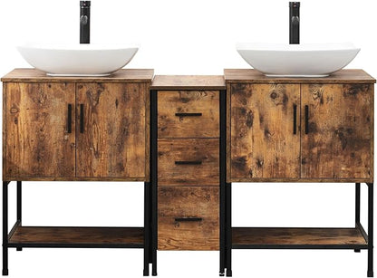 UEV Rustic Brown 60" Double Bathroom Vanity with Sink Combo,Industrial Iron Frame 2 Main Bathroom Vanity with Middle 3 Drawers Cabinet,Modern Artistic Ceramic Vessel Sink(032WH)
