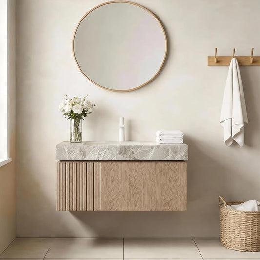 Ambrovina 30" Floating Bathroom Vanity with Sink, Modern Plywood Bathroom Storage Cabinet with Drawer and Door, Gray Sintered Stone Countertop and White Ceramic Basin, Pre-Assembled, Light Brown