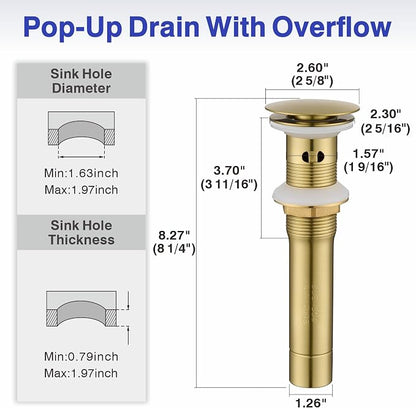 Bathroom Faucet with Sprayer, Brushed Gold Single Hole with Pop-Up Drain | Kablle Single Handle Pull Out 1 or 3 Hole Laundry Bar Basin Faucet with Deck Plate, KBL-7002BG-CL