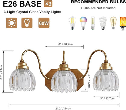 Gold Vanity Light, Vintage Bathroom Light Fixtures, 3-Light Matte Antique Brass Finish with Crystal Glass Shade, Mid Century Style Wall Sconces for Bedroom, Living Room