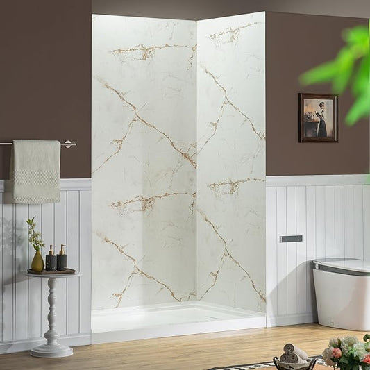 Woodbridge 48" W x 96" H 3-Piece Solid Surface Tile Tub and Shower Wall Panel Surround Kit in Beige Marble with Soft Brown Veining (High Gloss Finish), Quick Install and Trimmable, 3/16" (5mm) Thick