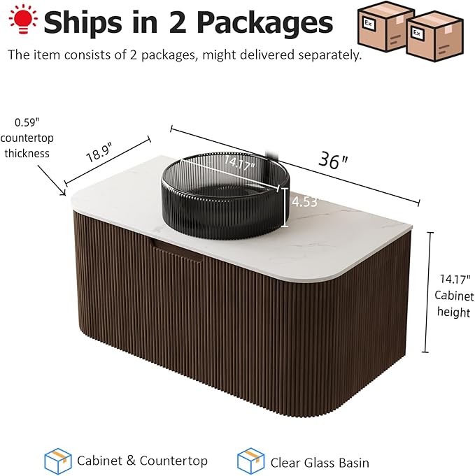 36" Floating Bathroom Vanity with Sink, Wall-Mount Modern Bathroom Cabinet with Transparent Black Glass Basin and Marble Top, Soft-Close Large Storage Drawer, Pre-Assembled, Dark Walnut