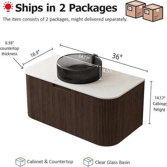 36" Floating Bathroom Vanity with Sink, Wall-Mount Modern Bathroom Cabinet with Transparent Black Glass Basin and Marble Top, Soft-Close Large Storage Drawer, Pre-Assembled, Dark Walnut