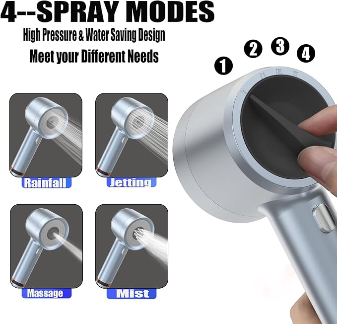 High Pressure Shower Head with Handheld, with Pause Switch 4 Spray Modes Water Saving Showerhead,Showerhead Set with Hose, Bracket and Cotton Filter, (blue)