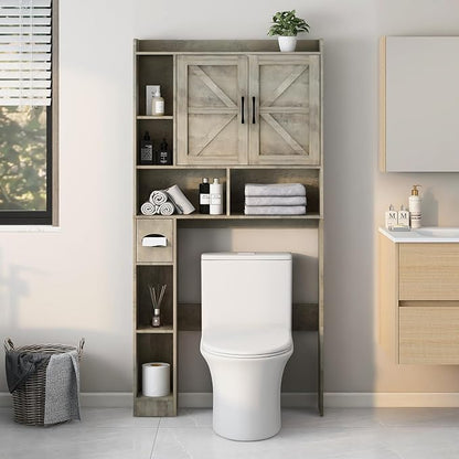 Vabches Over The Toilet Storage Cabinet with 2 Barn Doors, Grey | Farmhouse Storage Cabinet with Toilet Paper Holder Stand，Home Space-Saving Toilet Rack, for Bathroom, Restroom, Laundry