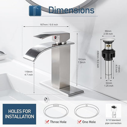 Waterfall Single Handle Bathroom Vanity Sink Faucet with Metal Pop-up Drain, Brushed Nickel Finish