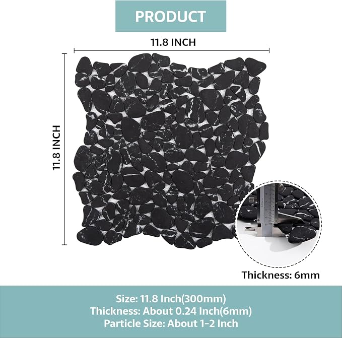 Pebble Tile, Pebble Tiles for Shower Floor Kitchen Backsplash Bathroom Black Marble Stone Look Wall and Floor Tile, 10 Sheets