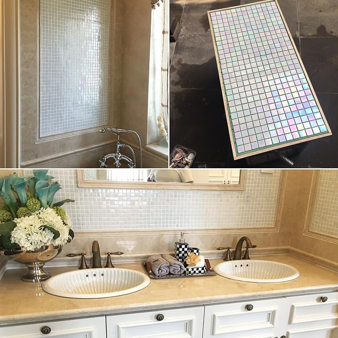 11.5sq.ft Iridescent White Glass Mosaic Tile for Bathroom, Pool, Backsplash | Waterproof Wall & Floor Tile. Heat & frost resistant outdoors. Mesh-mounted easy install. Use any grout. Easy clean. 10pcs.