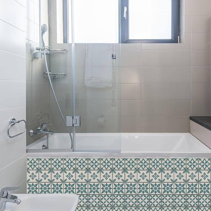 36 Pcs 4 Styles Retro Blue and Green Patten Tile Sticker Geometric Patten Wall Tile Stickers Waterproof Self Adhesive Stick on Decals for Kitchen Bathroom Wall Art 4×4 Inch