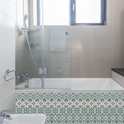 36 Pcs 4 Styles Retro Blue and Green Patten Tile Sticker Geometric Patten Wall Tile Stickers Waterproof Self Adhesive Stick on Decals for Kitchen Bathroom Wall Art 4×4 Inch