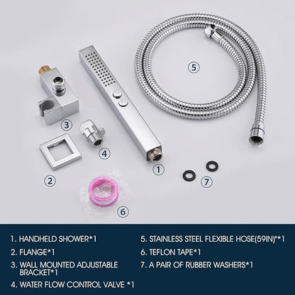 All-Metal High Pressure Square Handheld Shower Head with Jet Spray and Rainfall Modes, Volume Control Regulator, ON/OFF Switch, Hose and Wall Mounted Adjustable Bracket, Chrome